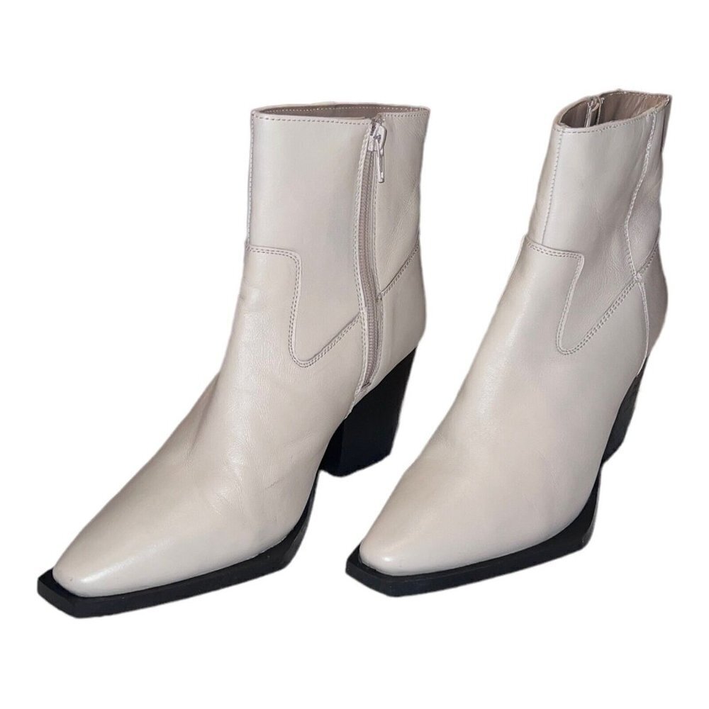 NASTY GAL Contrast Off White Leather Western Ankle Heel Boots - Picture 4 of 15